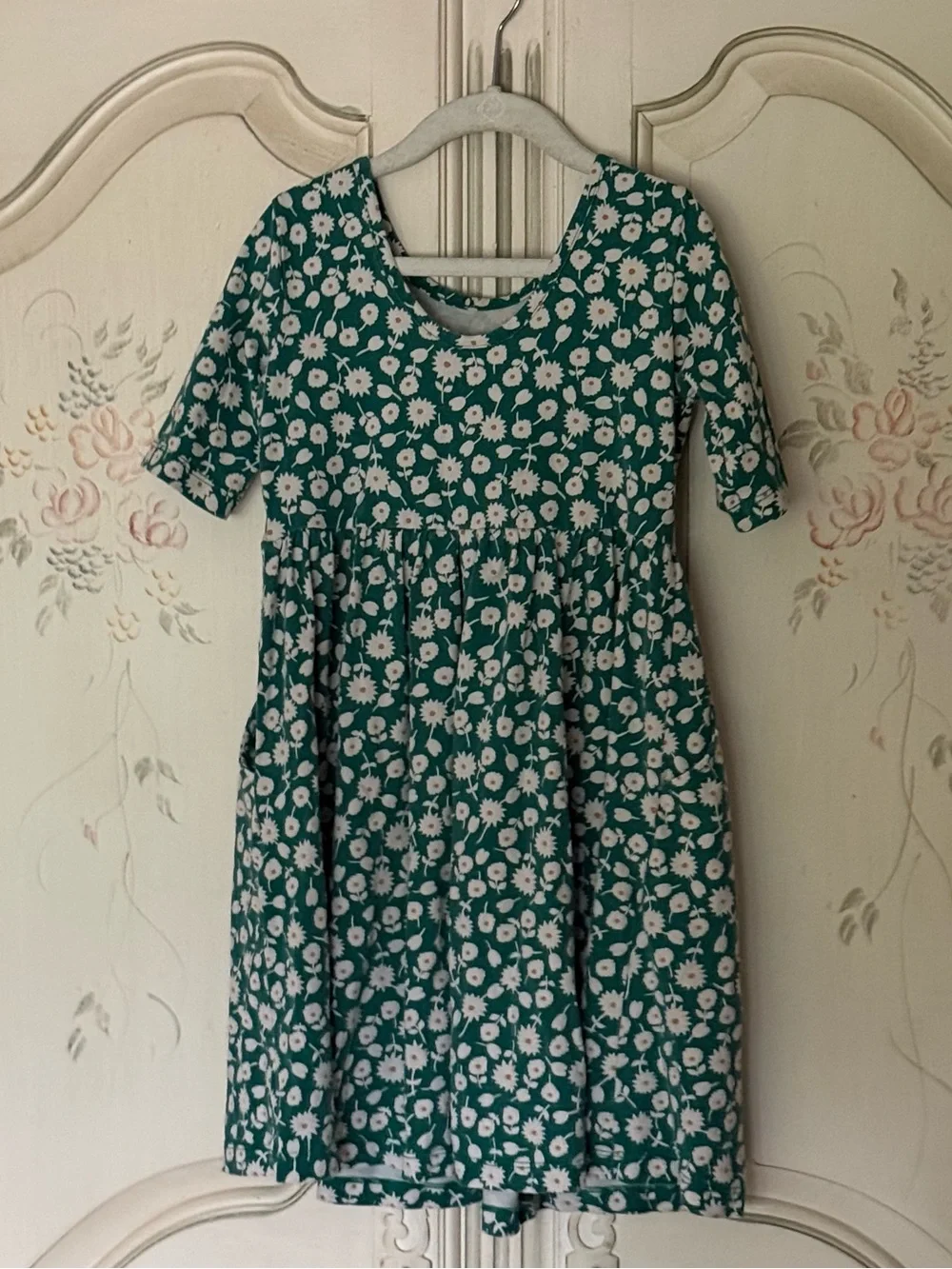 Hanna Andersson 120/6-7 Twirly Floral Print Elbow Sleeve Skater Dress w/pockets